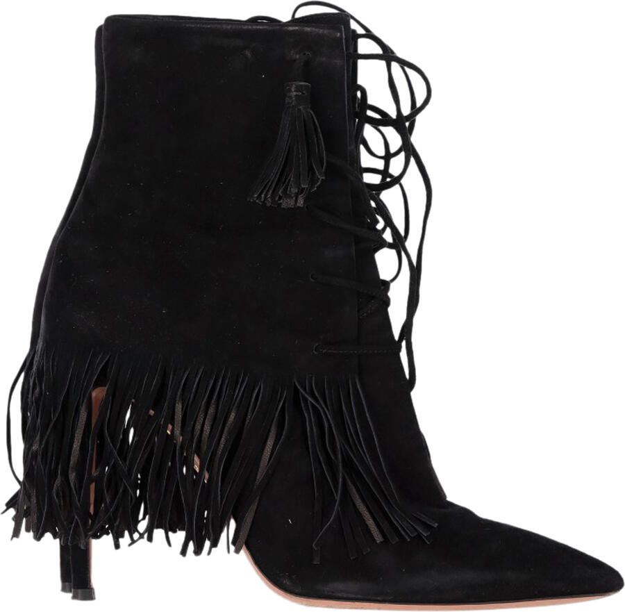 Aquazurra Pre-owned Aquazzura Mustang 105 Franje Hakken Enkellaarsjes in Zwart Suède