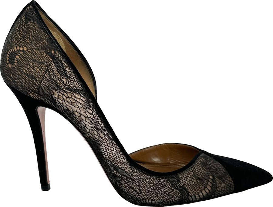 Aquazzura Pre-owned Aquazzura pumps met mesh en kanten afwerking in zwart suède