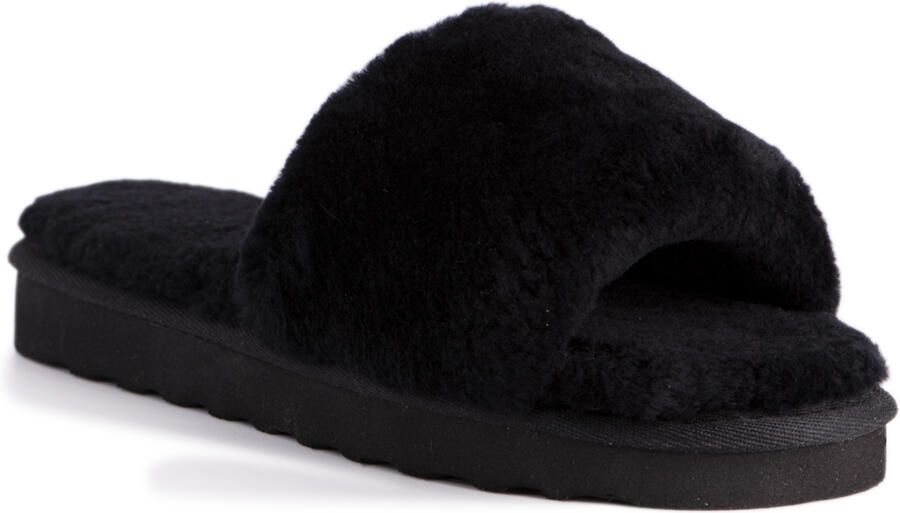 Aus Wooli Australia Womens Schapenvacht Fluff Slippers Zwart