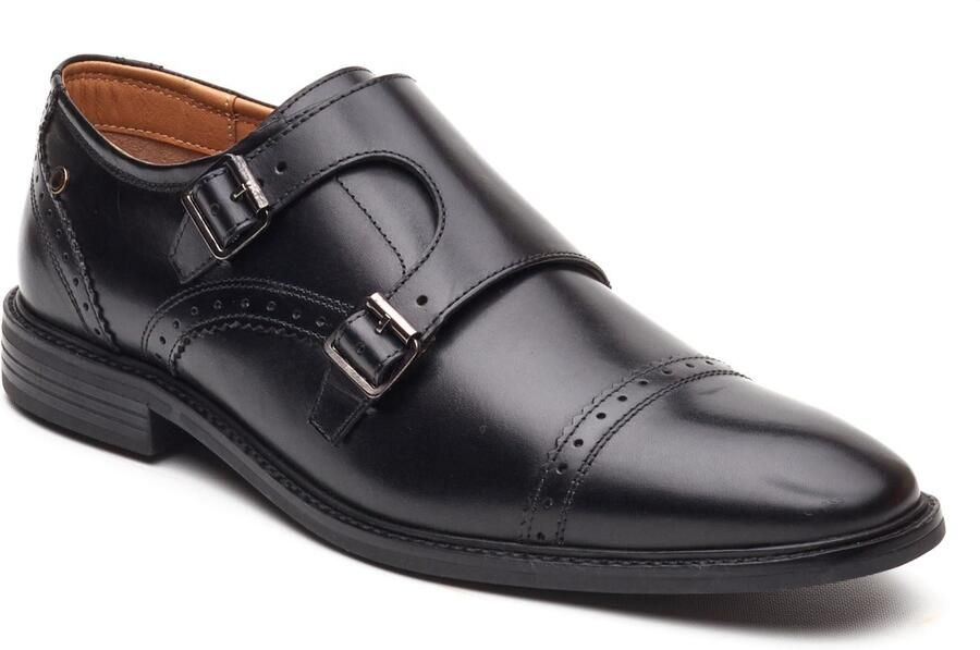 Base London Henley Monk Leer Heren Zwarte Dubbele Monk Schoenen