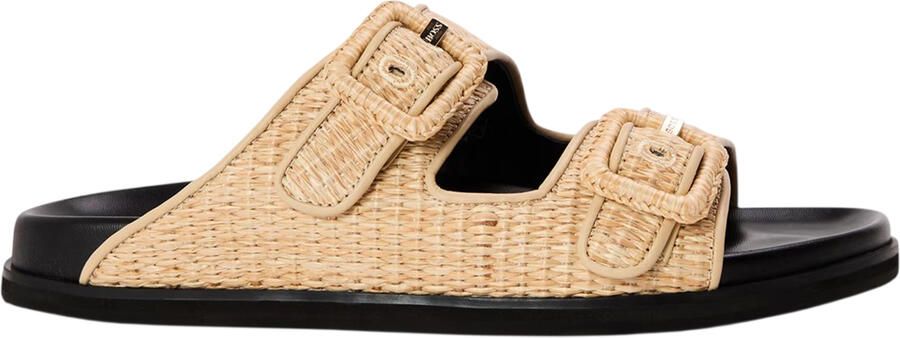 Boss Dames Freyah Raffia Dubbele Gesp Platte Slippers (Licht Beige)