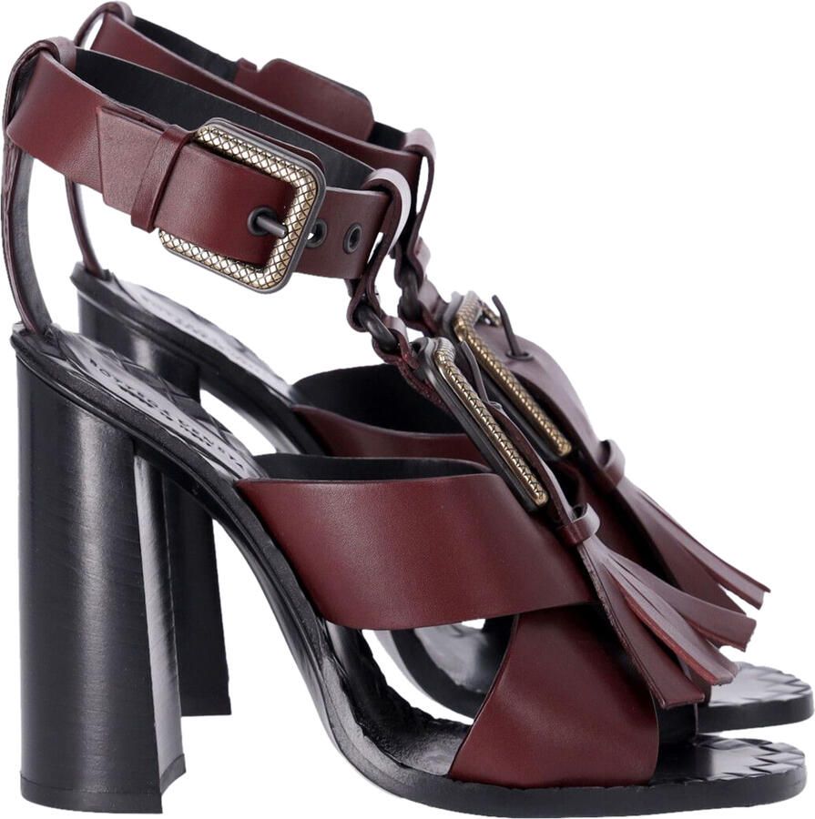 Bottega Veneta Pre-owned Bottega Veneta Franje Gesp T-band Blokhak Sandalen in Maroon Leer