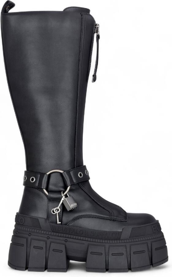 Buffalo Dames Biker Kniehoge Zwarte Chunky Goth Platform Laarzen Gospher Hi