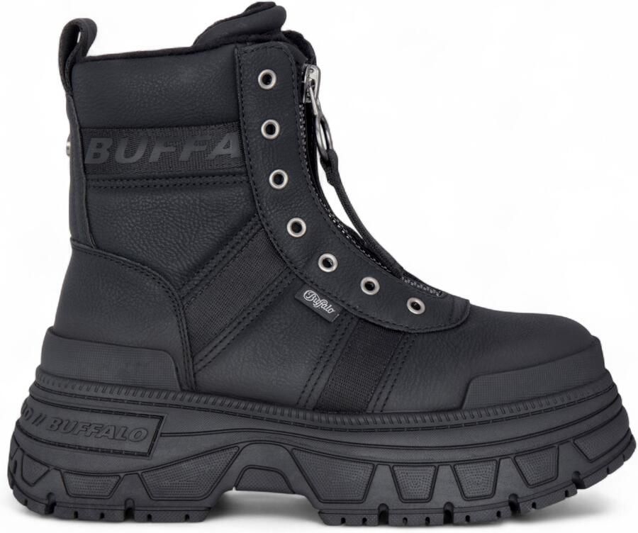 Buffalo Dames Zwarte Chunky Platform Front Zip Hoge Enkel Combat Boots Fusion
