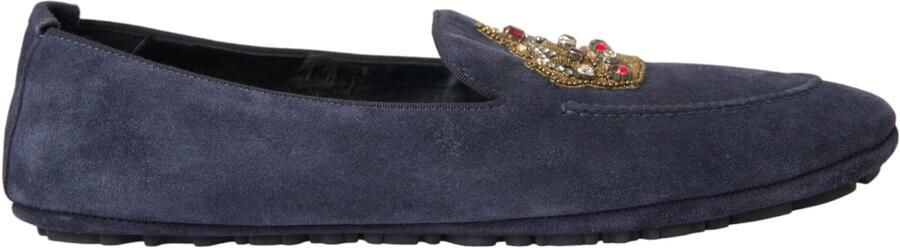 Dolce & Gabbana Blauwe Leren Suède Kristallen Kroon Loafers Schoenen