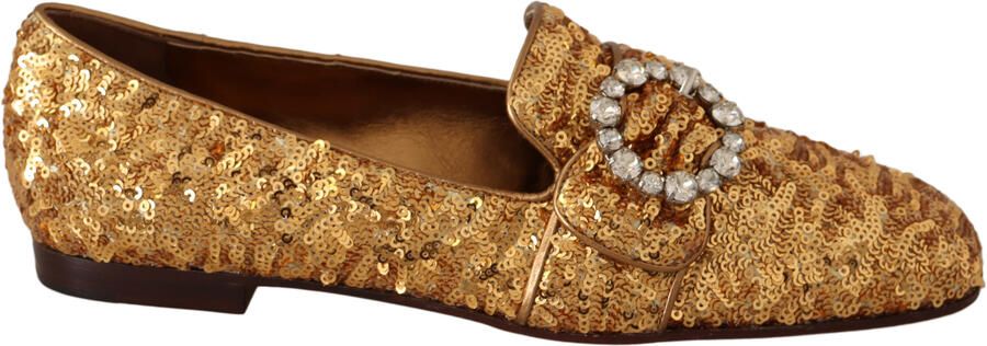 Dolce & Gabbana Gouden Pailletten Kristallen Platte Dames Loafers Schoenen