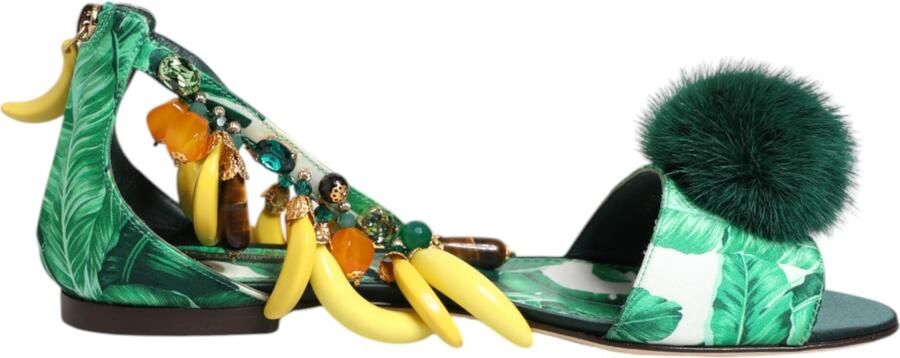 Dolce & Gabbana Groene Bont Satijnen Bananenblad Sandalen Schoenen