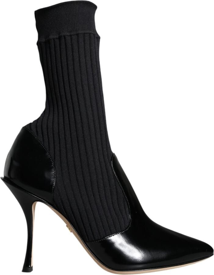 Dolce & Gabbana Ribgebreide Enkellaars Zwart Patelleer