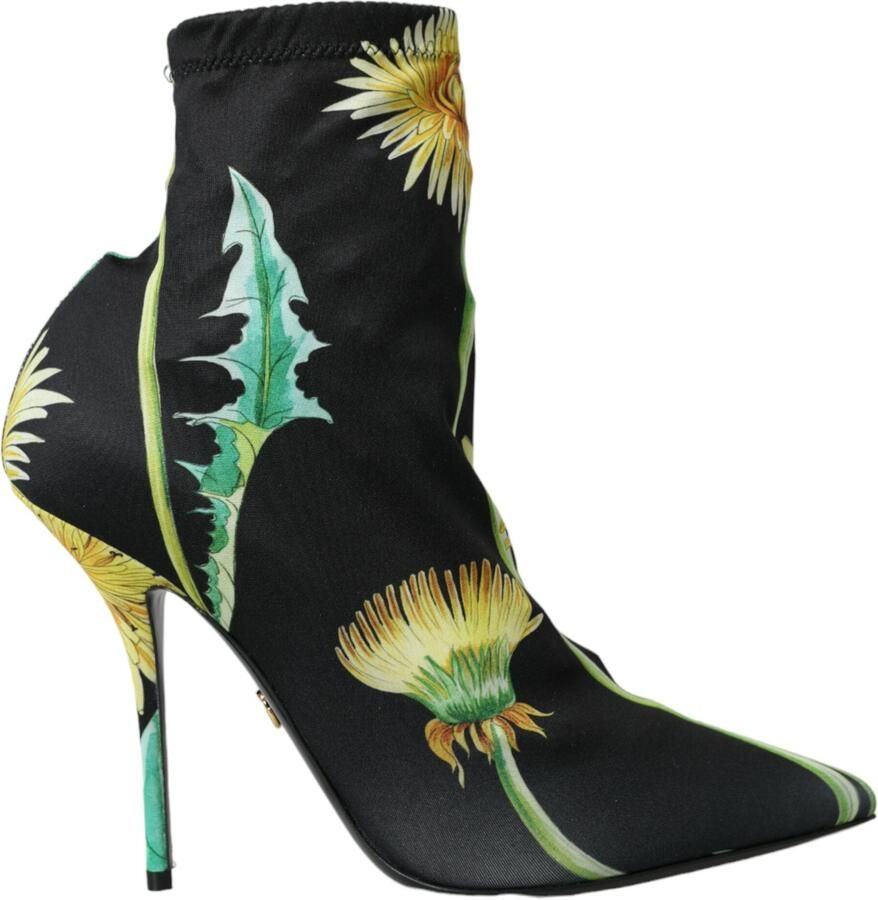 Dolce & Gabbana Zwarte Bloemen Jersey Stretch Enkellaarsjes Schoenen