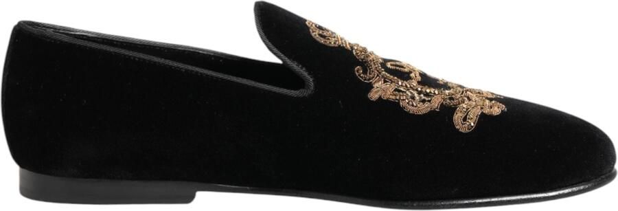 Dolce & Gabbana Zwarte Fluwelen Gouden Kroon Heren Instappers