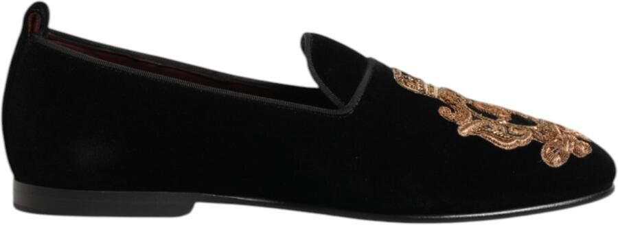 Dolce & Gabbana Zwarte Fluwelen Gouden Kroon Heren Instappers