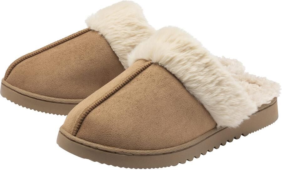 Dunlop Dames Faux Fur Trim Mule Slippers Bruin Roze Beige Warm VK 3-8