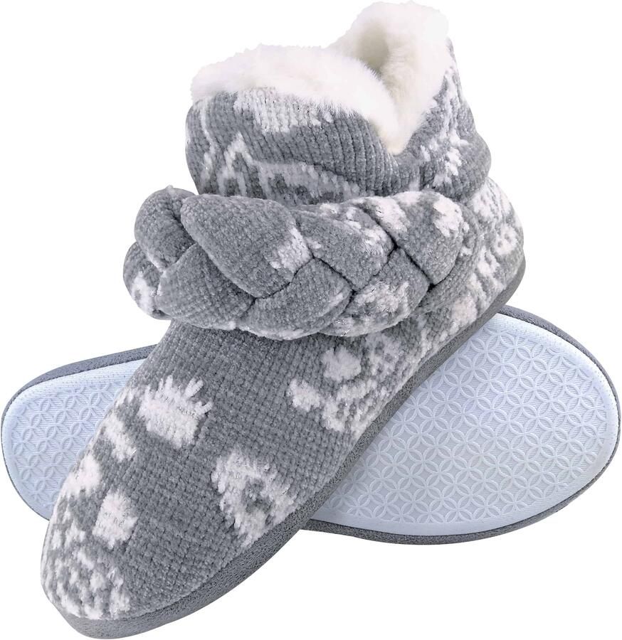 Dunlop Dames Gebreide Warme Fleece Pluche Slippers Boots Bootees in Grijs Fairisle en Roze Koord Stijlen