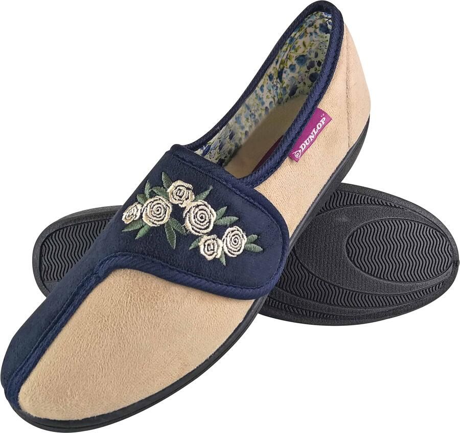 Dunlop Dames Verstelbare Brede Pasvorm Geheugenfoam Bloemige Klittenbandslippers voor Oudere Vrouwen