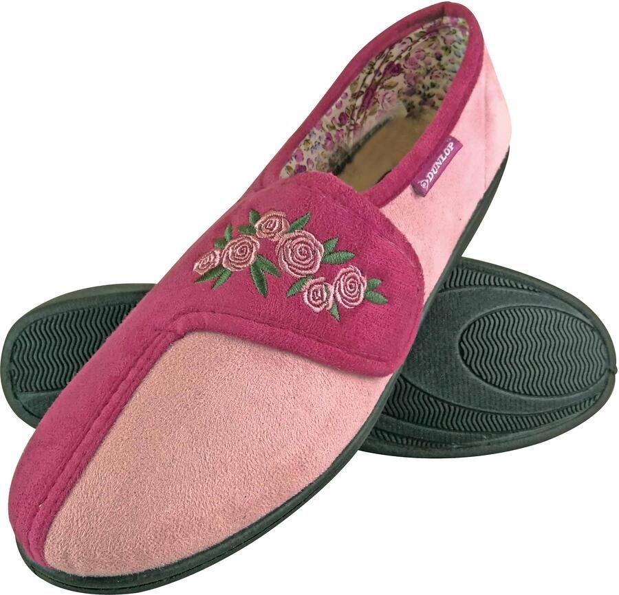 Dunlop Dames Verstelbare Brede Pasvorm Geheugenfoam Bloemige Klittenbandslippers voor Oudere Vrouwen
