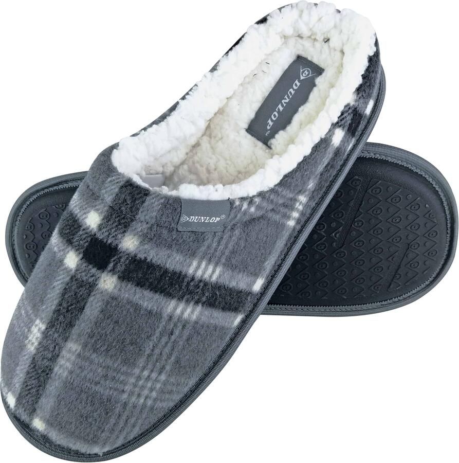 Dunlop Heren Warm Pluche Fleece Gevoerde Instap Slippers met Geruit Patroon