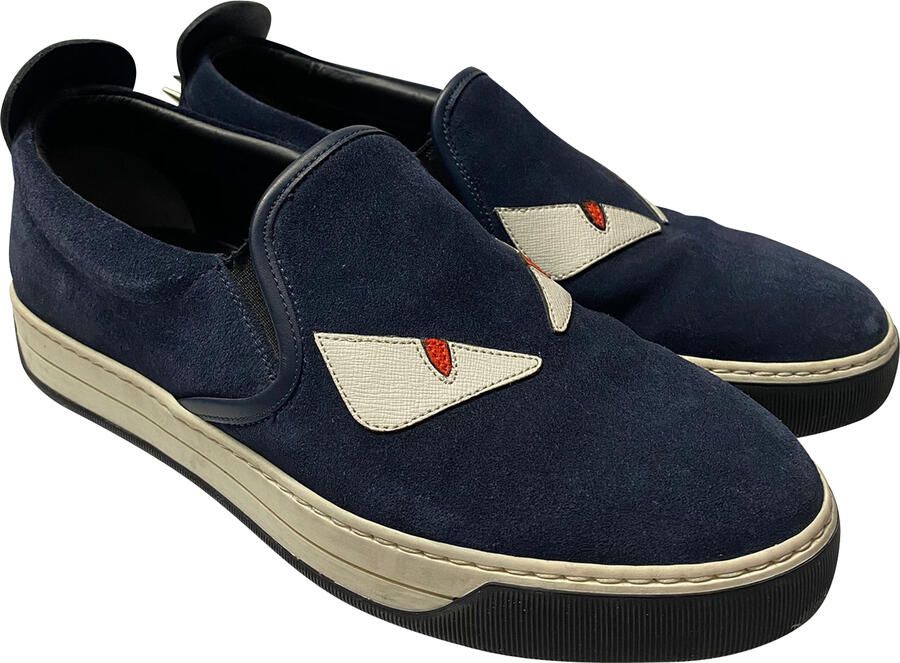 Fendi Pre-owned Fendi Monster 3D Ogen Slip-On Sneakers in Marineblauw Suède