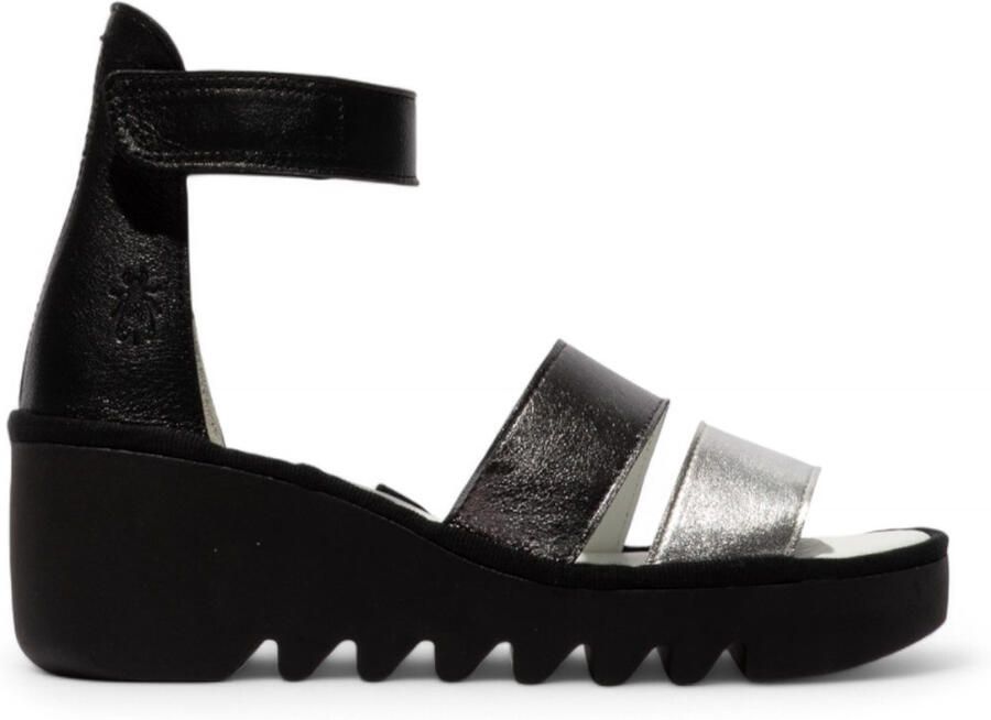 Fly London Dames BONO290FLY Zilver Zwart Idra Leren Sandalen Espadrille Wedges