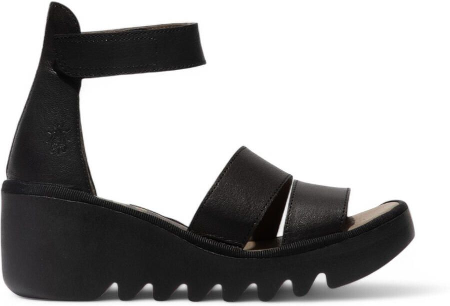 Fly London Dames BONO290FLY Zwarte Mousse Leren Sandalen Espadrille Wedges