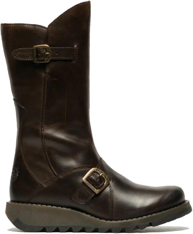 Fly London Dames Bruine MES 2 Wedge Heel Buckle Mid-Calf Leren Zip Platform Laarzen