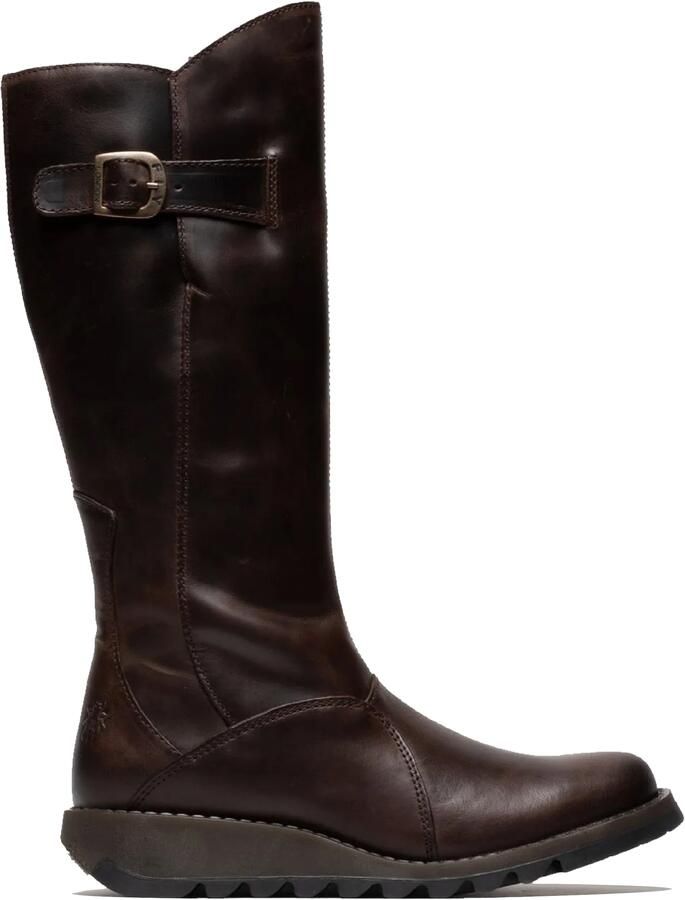 Fly London Dames Bruine MOL 2 Leren Wedge Heel Kniehoge Rits Laarzen