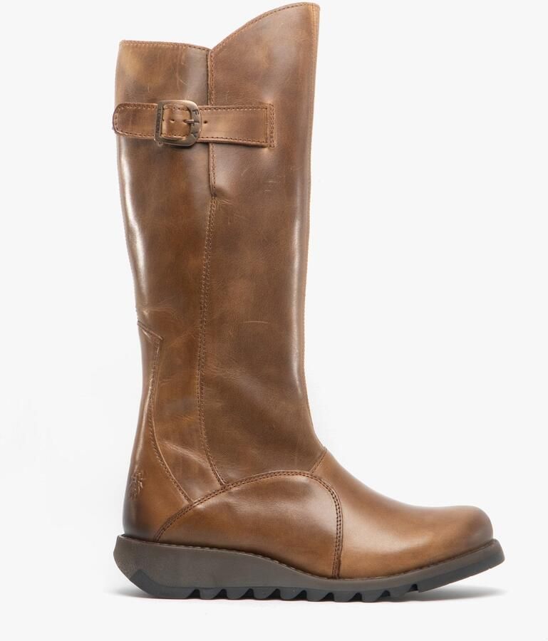 Fly London Dames Camel Brown MOL 2 Leren Wedgesleekte Kniehoge Laarzen met Ritssluiting