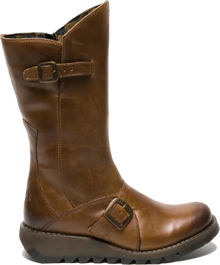 Fly London Dames Camel MES 2 Wedge Heel Buckle Mid-Calf Leren Zip Platform Laarzen