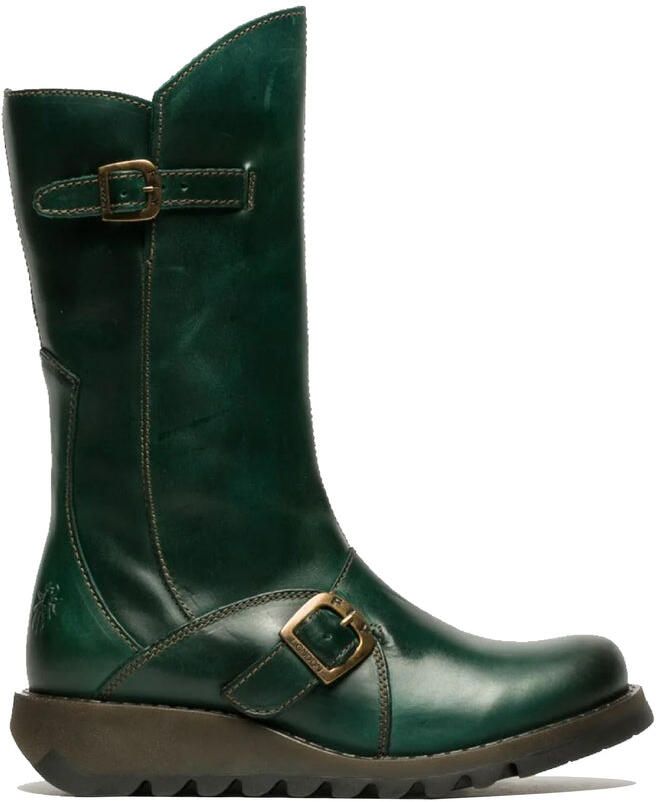 Fly London Dames Groene MES 2 Wedge Heel Buckle Mid-Calf Leren Zip Platform Laarzen