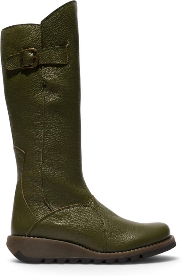 Fly London Dames kniehoge leren laarzen met sleehak in militair groen MOL2