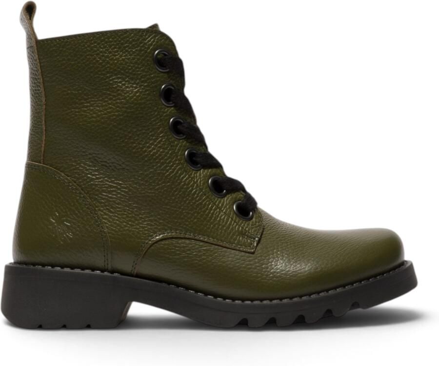 Fly London Dames leren veterenkellaarsjes met hak in militair groen RAMY488