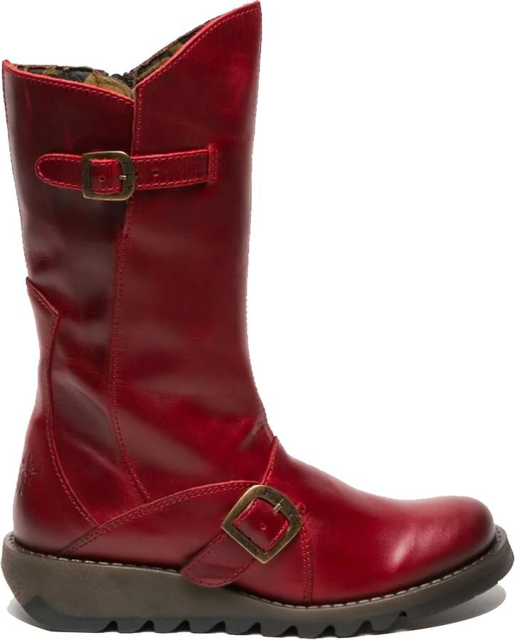 Fly London Dames Rode MES 2 Wedge Heel Buckle Mid-Calf Leren Zip Platform Laarzen