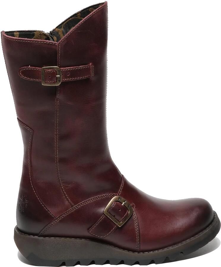 Fly London Dames Wijn MES 2 Wedge Heel Buckle Mid-Calf Leren Zip Platform Laarzen