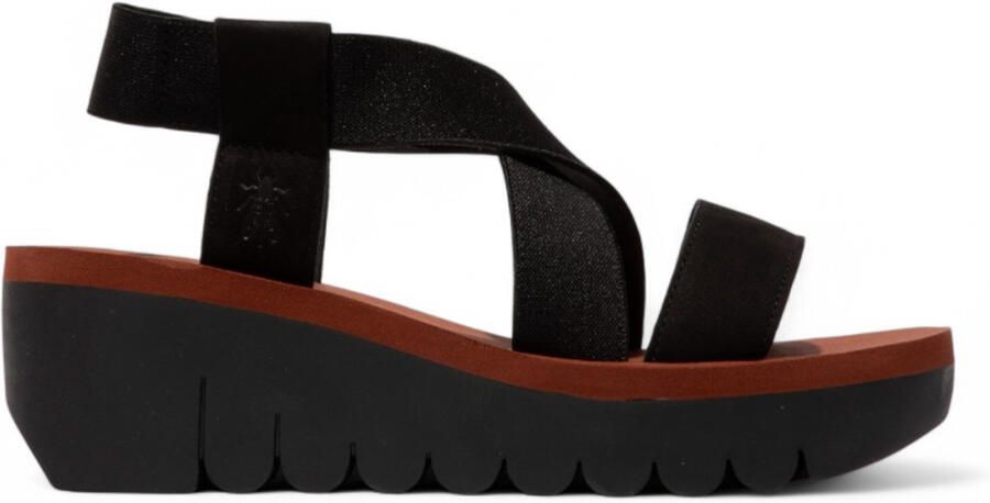 Fly London Dames YABI922FLY Zwarte Baksteen Cupido Leren Sandalen Espadrille Platform Wedges