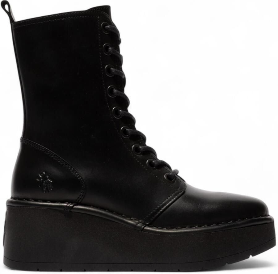Fly London Dames Zwarte HAIT273 Leren Veterschoenen met Dikke Plateauzool