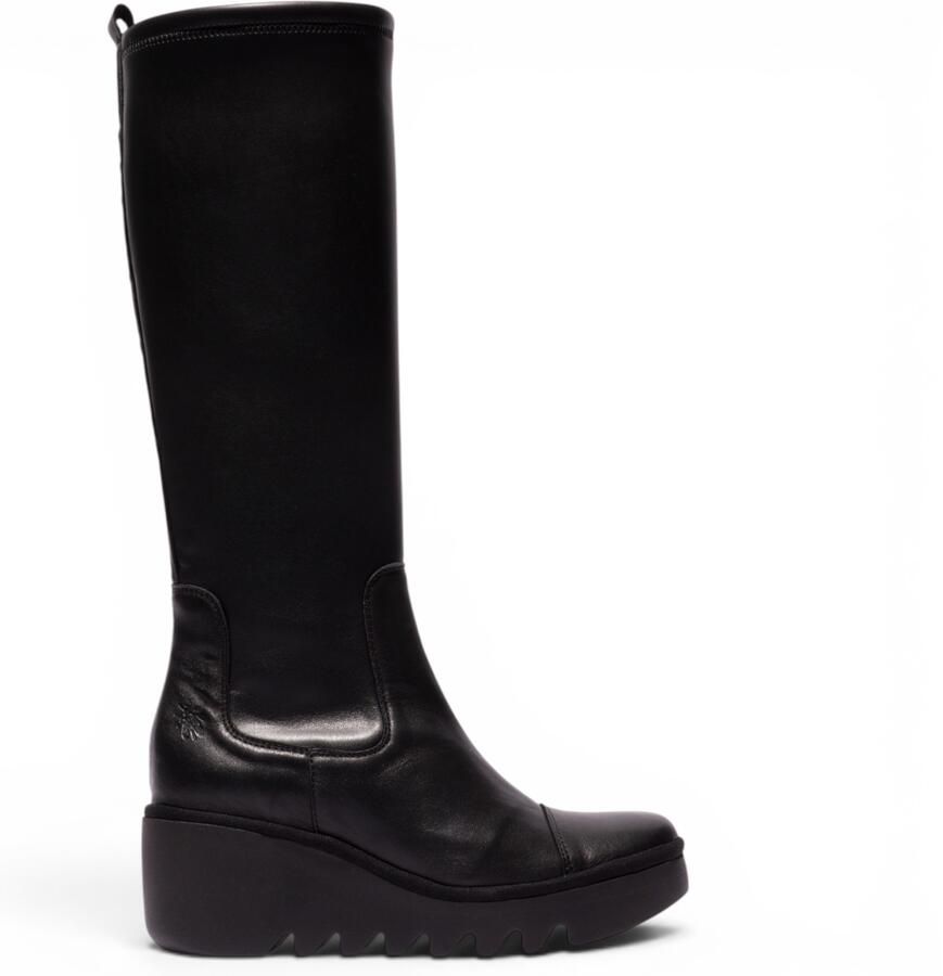 Fly London Dames Zwarte Leren Hoge Wighak Lange Laarzen BUDI603