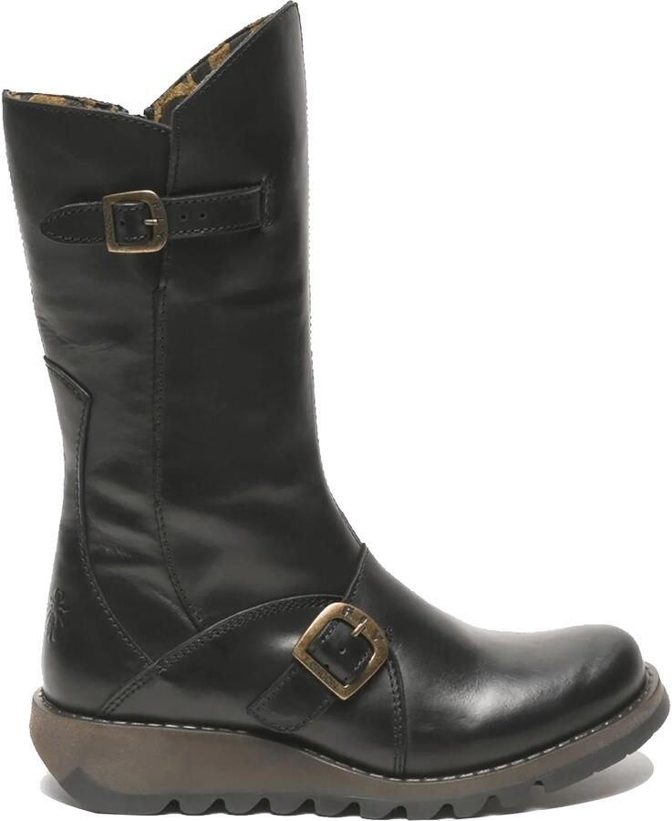 Fly London Dames Zwarte MES 2 Wedge Heel Buckle Mid-Calf Leren Zip Platform Laarzen