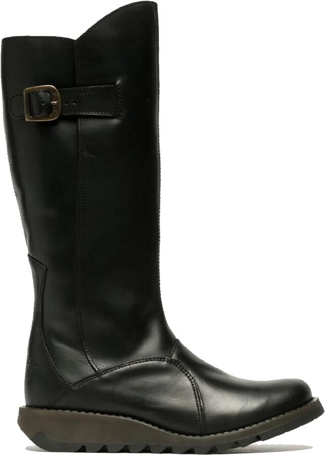 Fly London Dames Zwarte MOL 2 Leren Wedge Heel Kniehoge Rits Laarzen