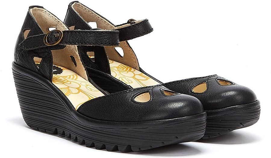 Fly London Yuna Leren Wedge Sandalen (Zwart)