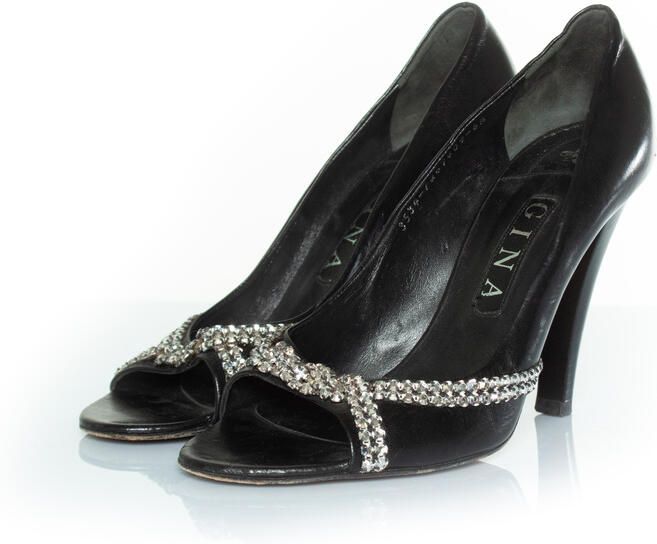 Gina Zwarte leren peeptoe hakken met strass