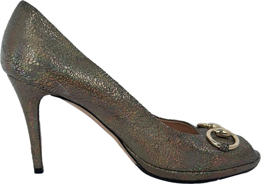 Gucci Pre-owned Gucci Holographic Crackle New Hollywood Horsebit Peep Toe Pumps in goudkleurig leer