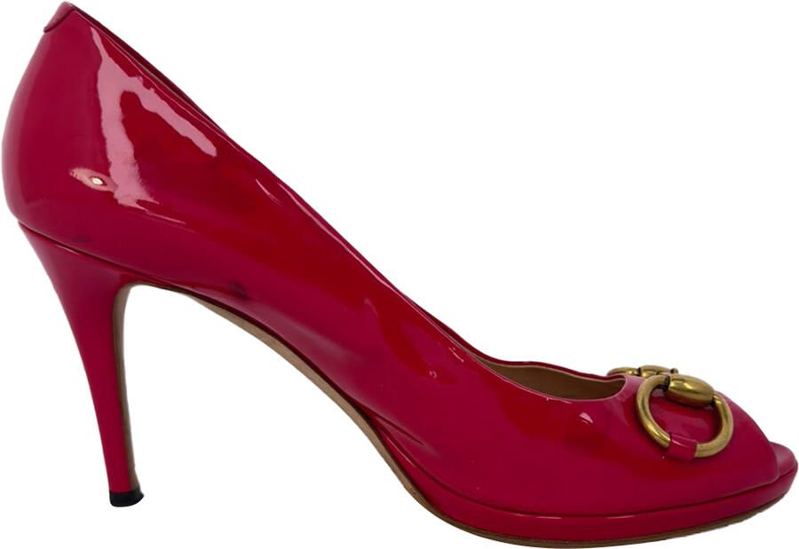 Gucci Pre-owned Gucci New Hollywood Horsebit Peep Toe Pumps in roze lakleer