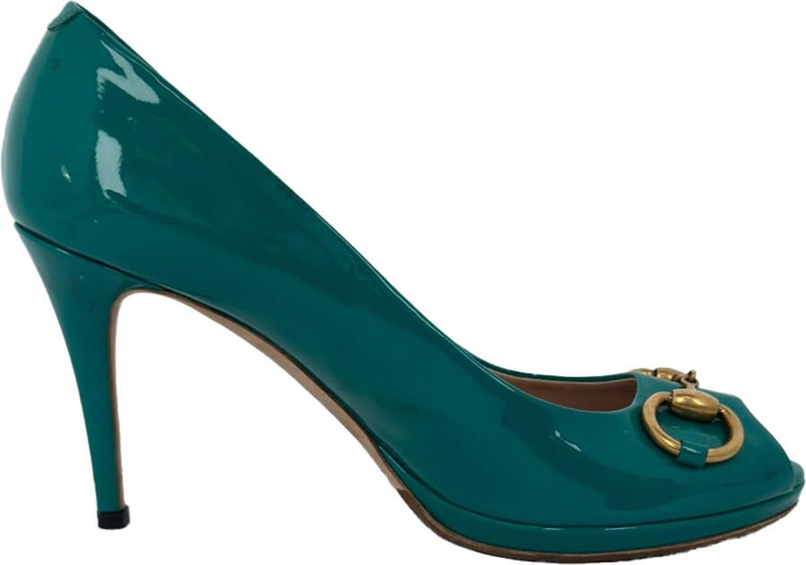 Gucci Pre-owned Gucci New Hollywood Horsebit Peep Toe Pumps in turquoise lakleer