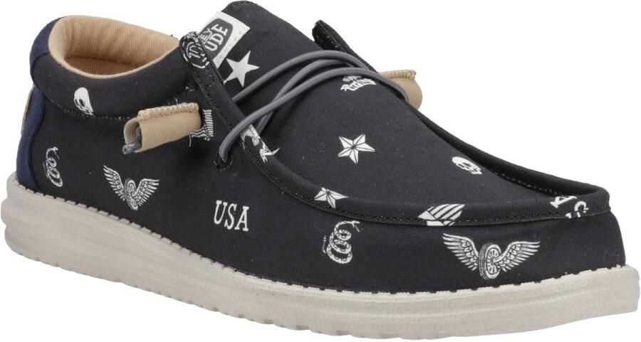HEYDUDE Wally Stars n Skulls 100% Katoenen Heren Zwarte Bootschoenen
