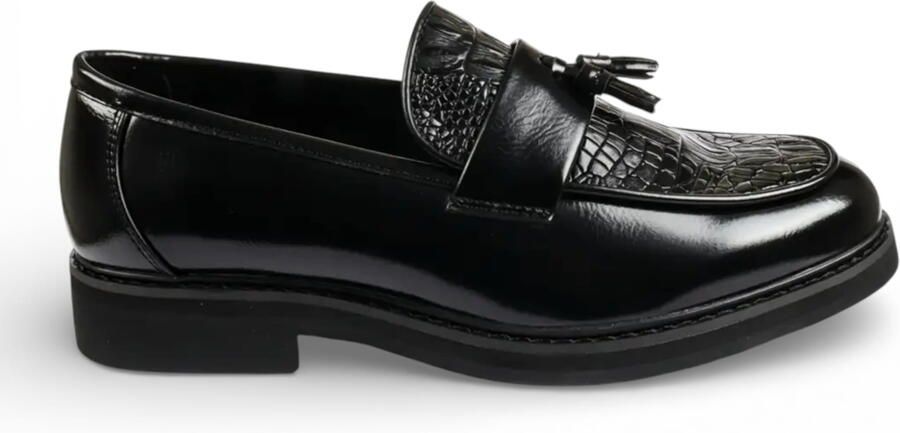 Infinity Leather Heren loafers van imitatieleer zwart met kwastjes en profielzool.