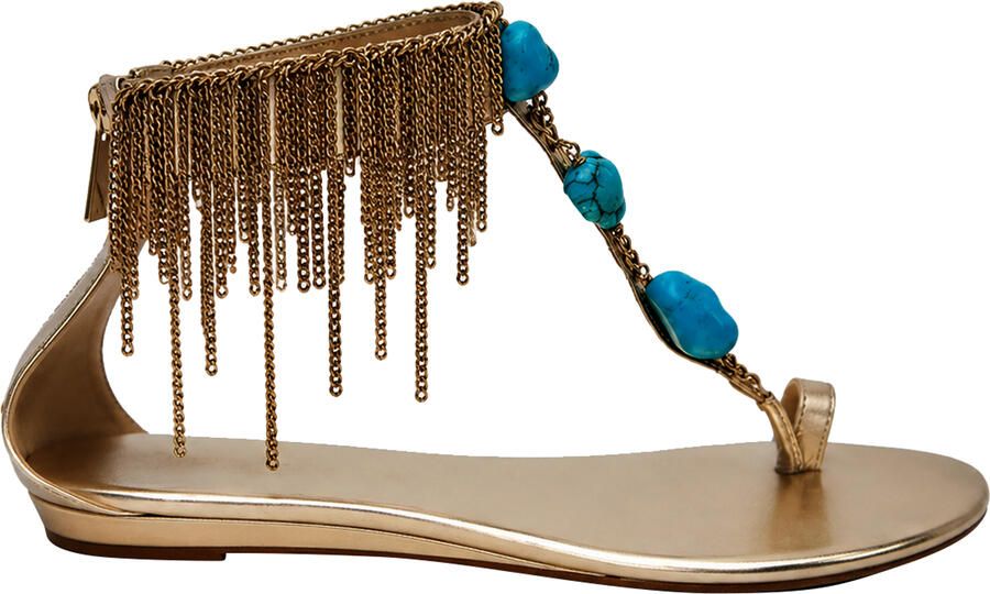 Jimmy Choo Pre-owned Jimmy Choo Fringed Chain Accent Platte Sandalen in Goud Leer