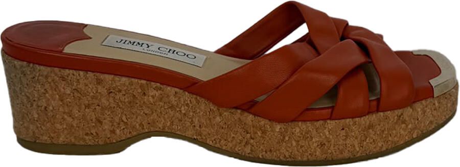 Jimmy Choo Pre-owned Jimmy Choo Maribou 50 platform wedge slippers in oranje leer