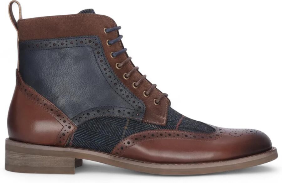 Justin Reess Heren Bruine Leren Marineblauwe Tweed Oxford Schoenen Teddy