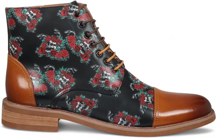 Justin Reess Heren Bruine Oxford Enkellaarsjes van Leer met Bloemenprint Adam Skull