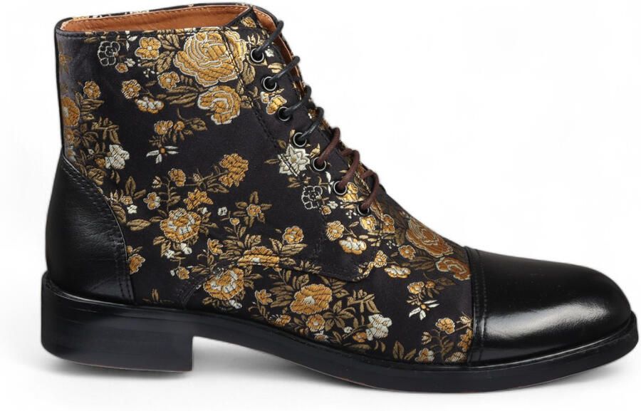 Justin Reess Heren Zwarte Bloemenprint Leren Oxford Enkellaarsjes Adam