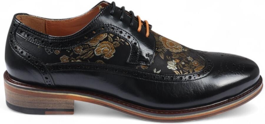 Justin Reess Heren Zwarte Leren Bloemenprint Brogue Dress Schoenen Ross